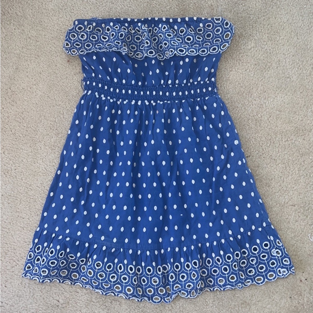 blue & white strapless polka dot dress